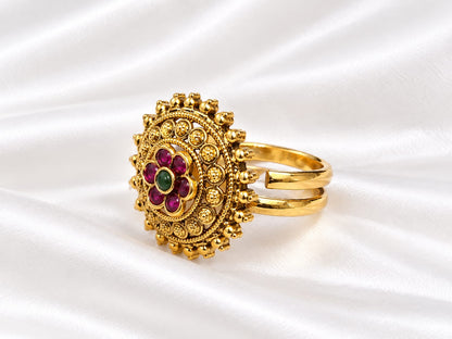 Antique Gold Plated Floral Ruby & Green Stone Statement Ring💍
