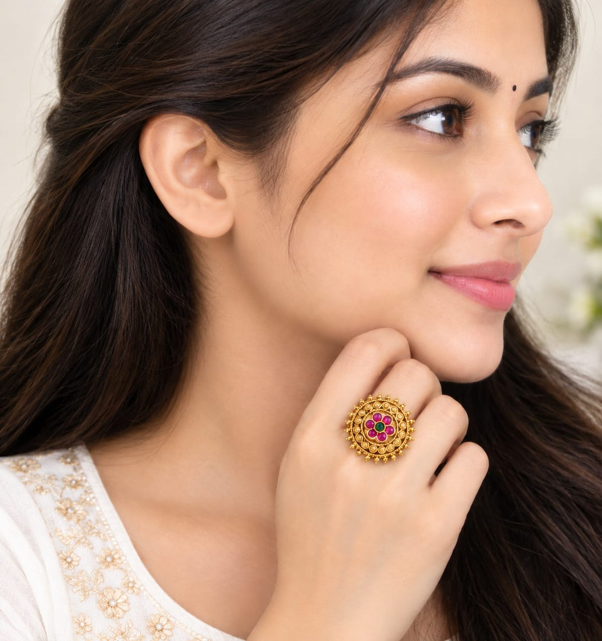 Antique Gold Plated Floral Ruby & Green Stone Statement Ring💍