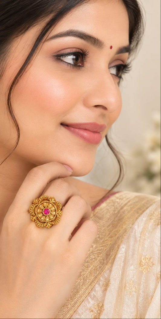 Antique gold finish floral statement ring ruby pink centre stone💍