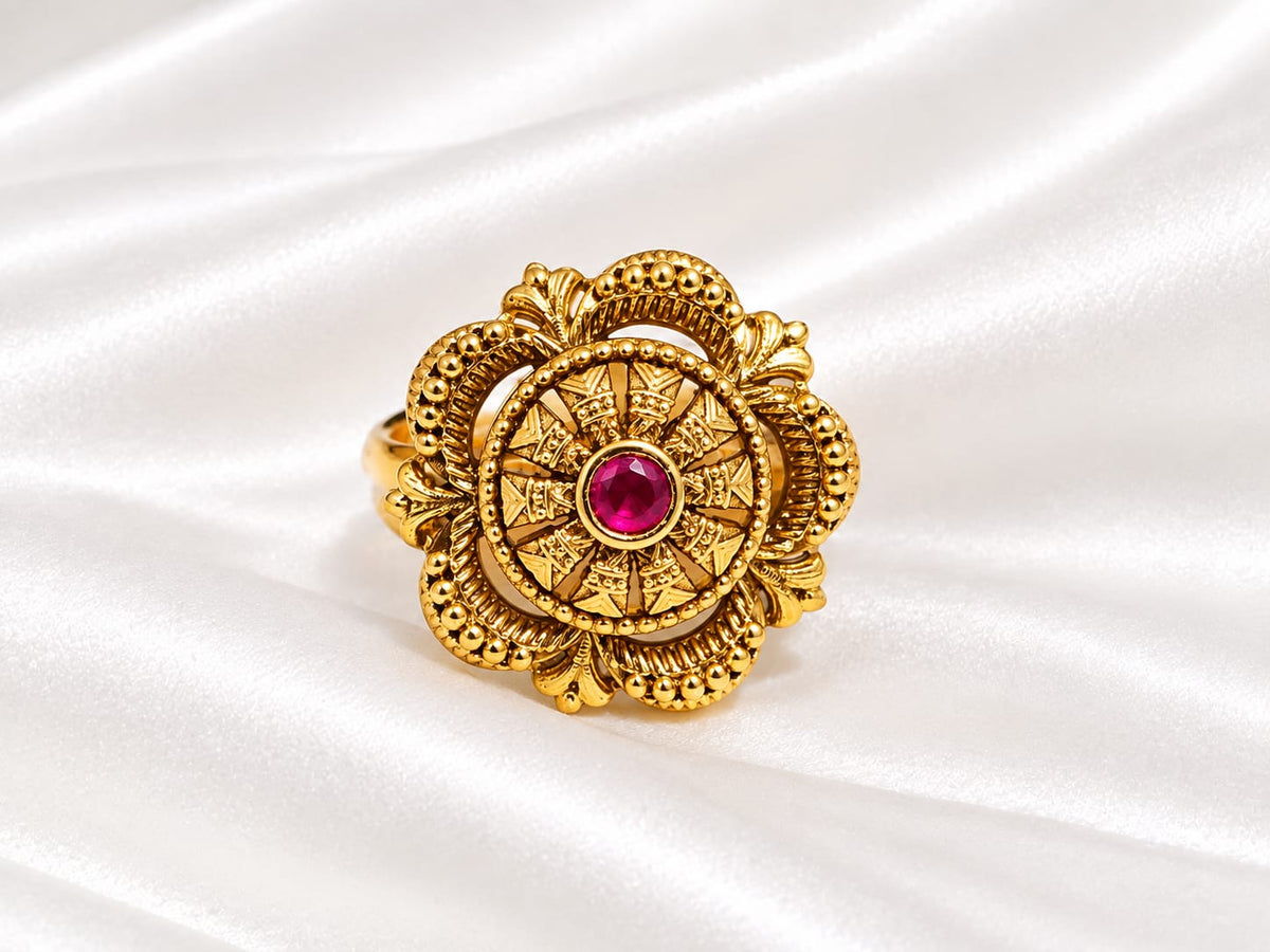 Antique gold finish floral statement ring ruby pink centre stone💍