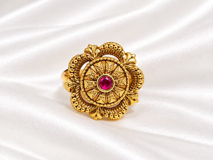 Antique gold finish floral statement ring ruby pink centre stone💍