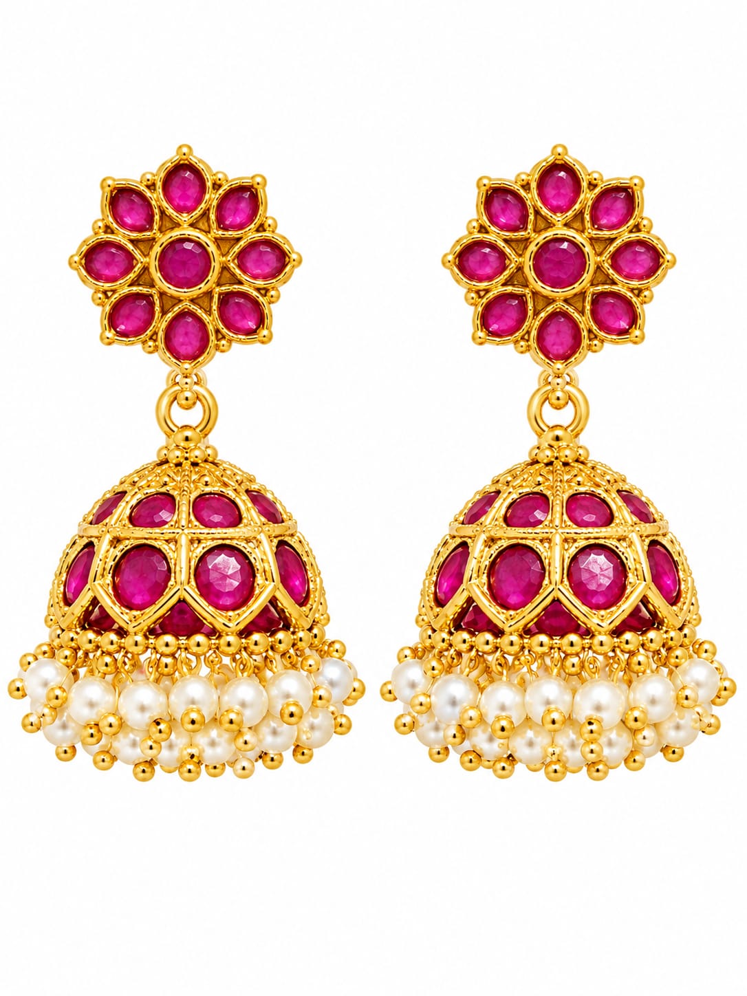 Traditional Gold-Plated Ruby & Emerald Kemp Jhumka Earrings with Pearl Clusters