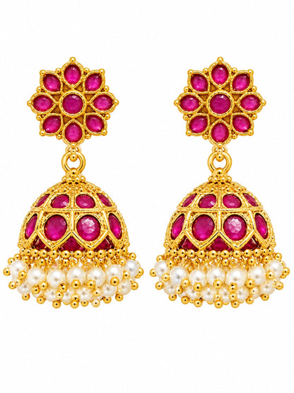 Traditional Gold-Plated Ruby & Emerald Kemp Jhumka Earrings with Pearl Clusters