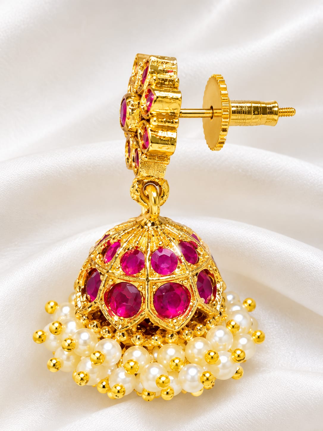 Traditional Gold-Plated Ruby & Emerald Kemp Jhumka Earrings with Pearl Clusters