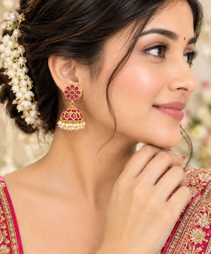Traditional Gold-Plated Ruby & Emerald Kemp Jhumka Earrings with Pearl Clusters