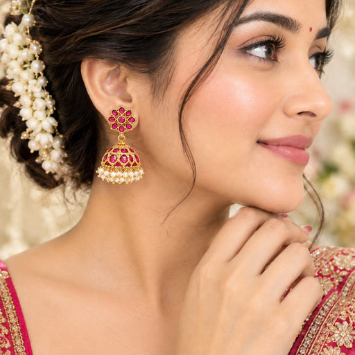 Traditional Vintage Antique Gold-Plated Ruby & Emerald Kemp Jhumka Earrings with Pearl Clusters