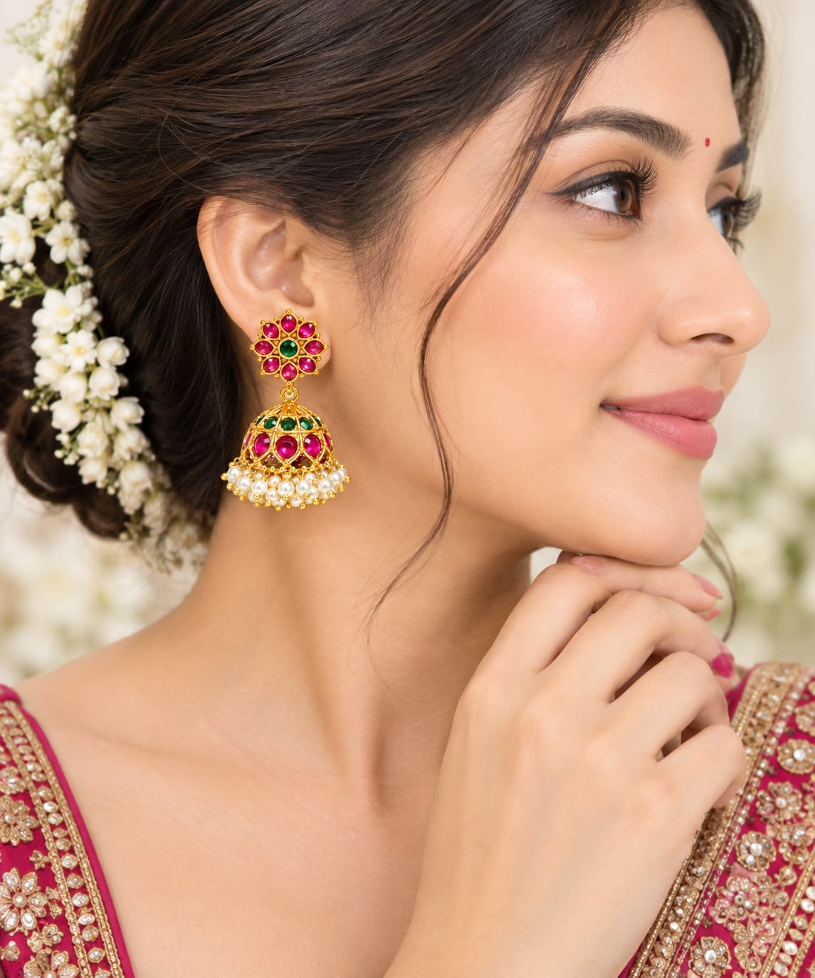 Traditional Gold-Plated Ruby & Emerald Kemp Jhumka Earrings with Pearl Clusters