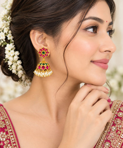 Traditional Gold-Plated Ruby & Emerald Kemp Jhumka Earrings with Pearl Clusters