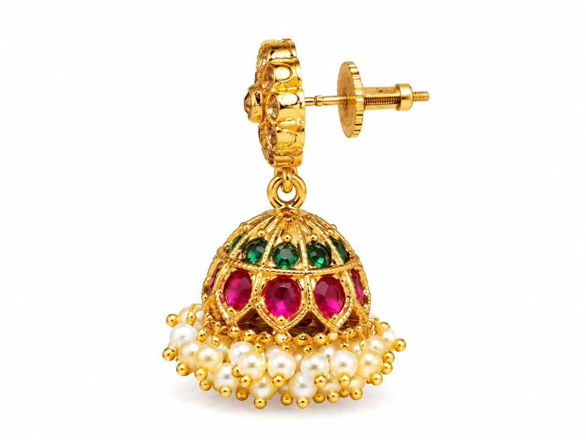 Traditional Gold-Plated Ruby & Emerald Kemp Jhumka Earrings with Pearl Clusters