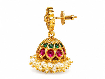 Traditional Gold-Plated Ruby & Emerald Kemp Jhumka Earrings with Pearl Clusters