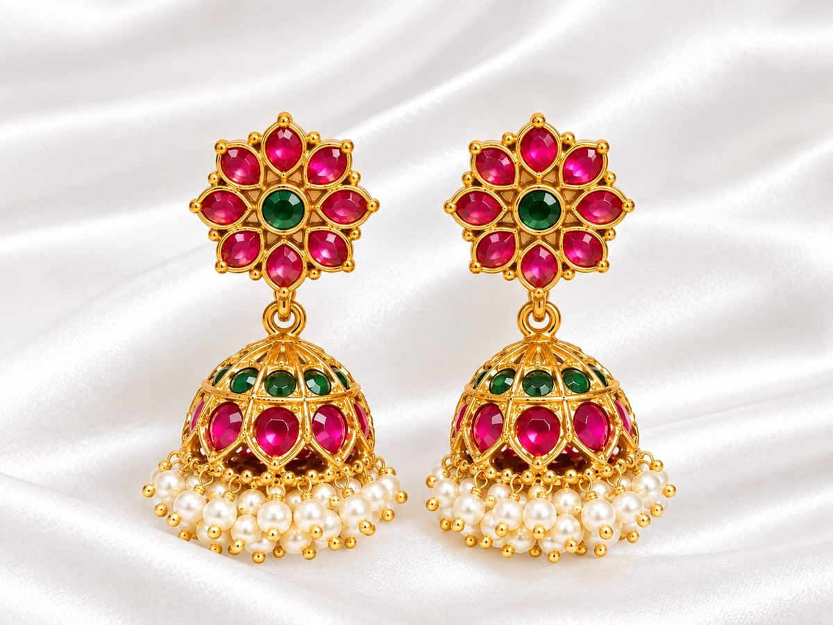Traditional Gold-Plated Ruby & Emerald Kemp Jhumka Earrings with Pearl Clusters