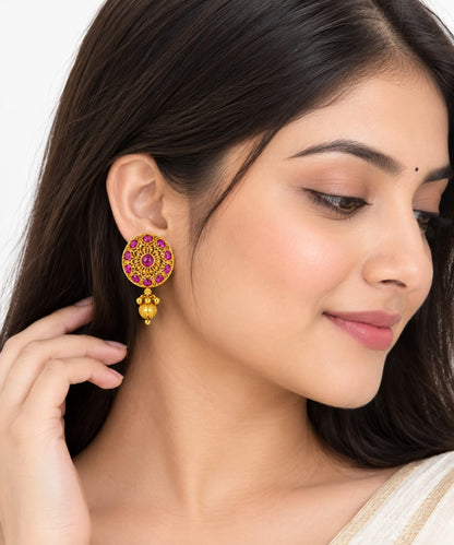Royal Floral Temple Stud Earrings with Gold Bead Drops