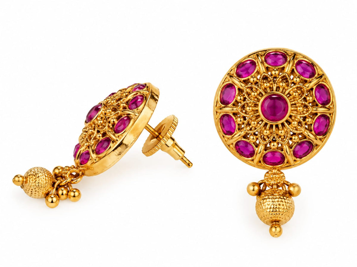 Royal Floral Temple Stud Earrings with Gold Bead Drops