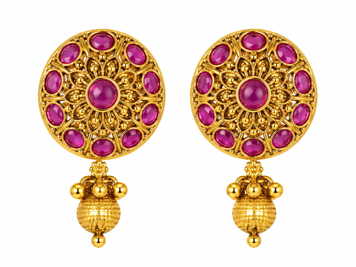 Royal Floral Temple Stud Earrings with Gold Bead Drops