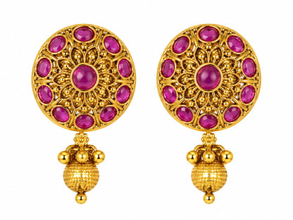 Royal Floral Temple Stud Earrings with Gold Bead Drops