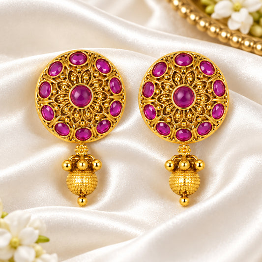 Royal Floral Temple Stud Earrings with Gold Bead Drops
