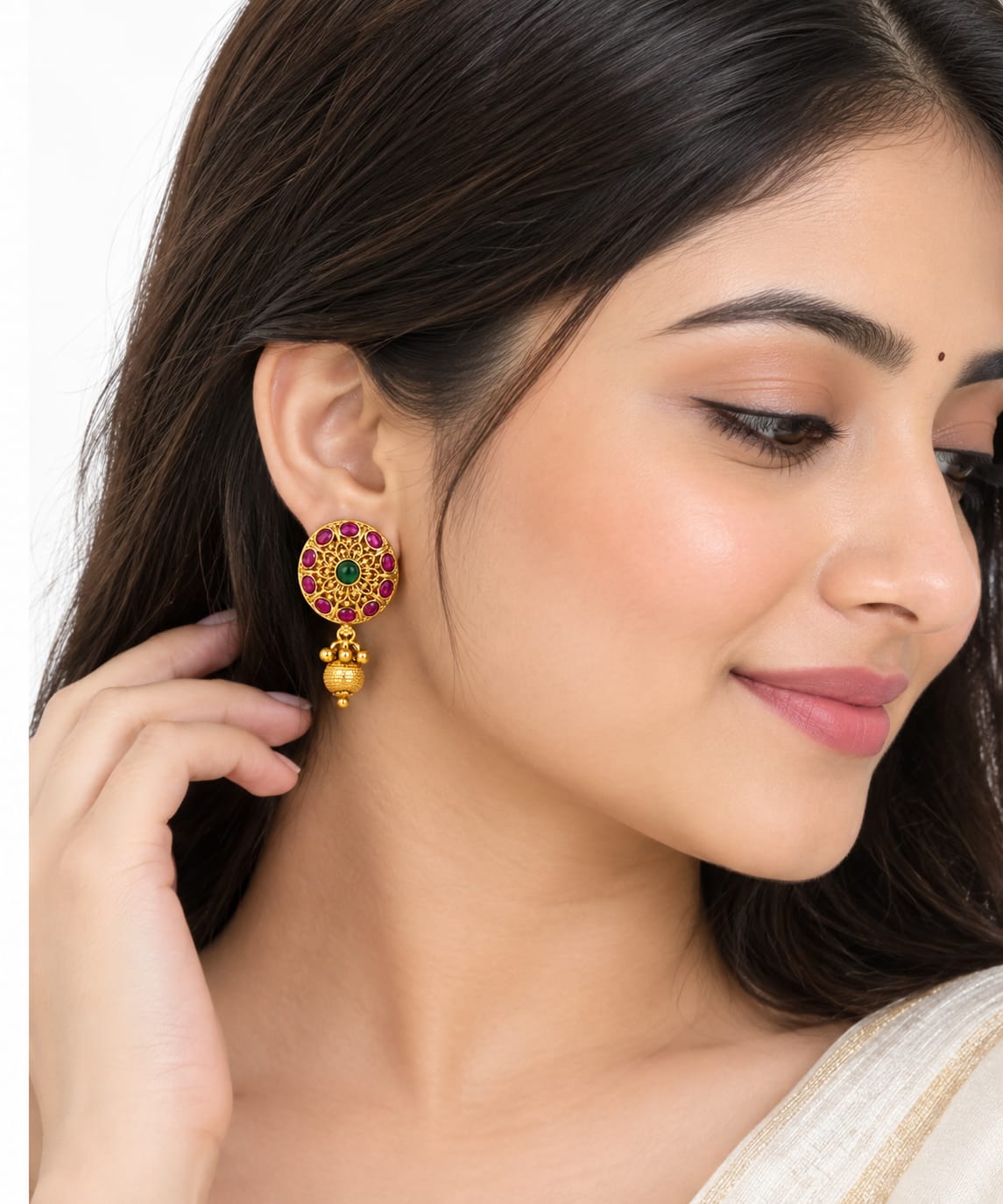 Royal Floral Temple Stud Earrings with Gold Bead Drops