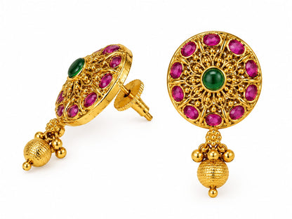 Royal Floral Temple Stud Earrings with Gold Bead Drops