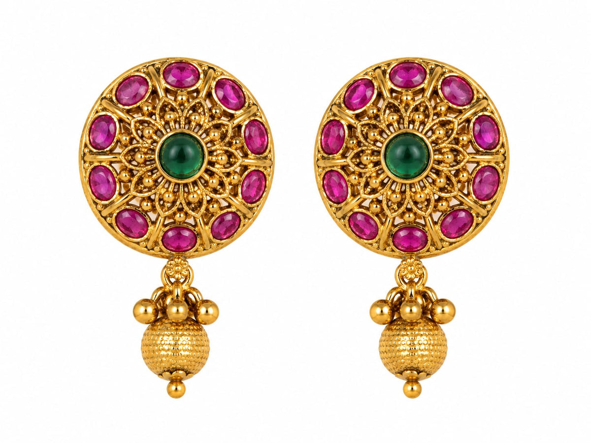 Royal Floral Temple Stud Earrings with Gold Bead Drops