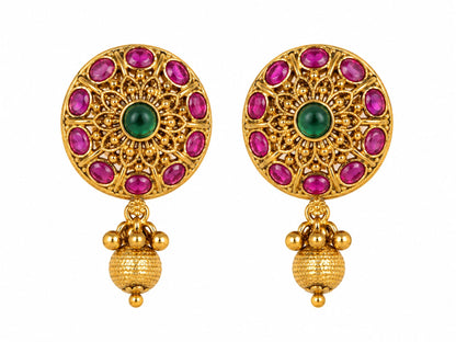 Royal Floral Temple Stud Earrings with Gold Bead Drops