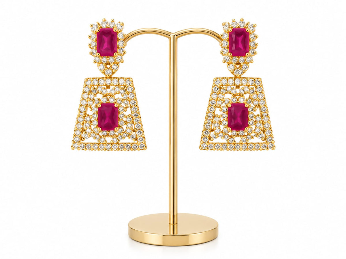 Glamorous Ruby Pink Geometric CZ Statement Drop Earrings