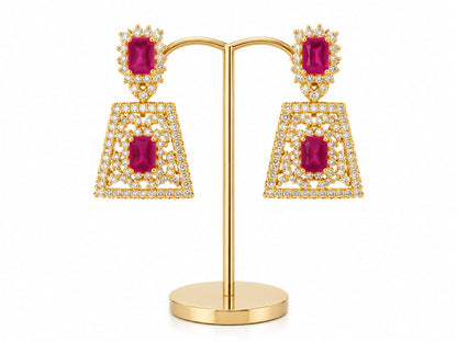 Glamorous Ruby Pink Geometric CZ Statement Drop Earrings