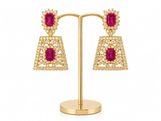 Glamorous Ruby Pink Geometric CZ Statement Drop Earrings