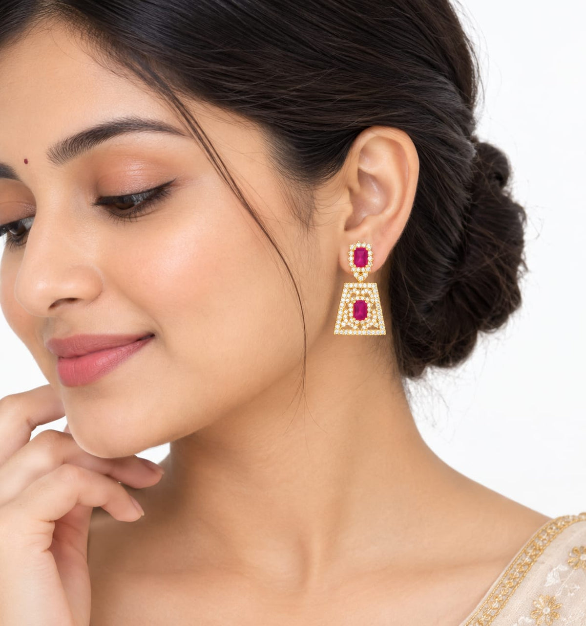 Glamorous Ruby Pink Geometric CZ Statement Drop Earrings