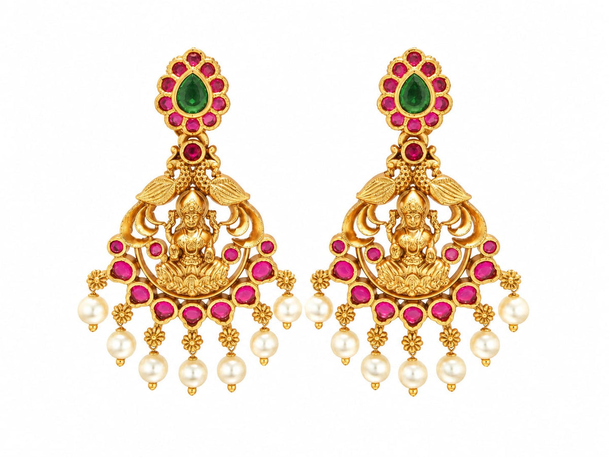 Traditional Lakshmi Temple Jhumka Earrings with Ruby, Emerald & Pearl Drops