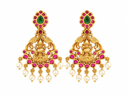 Traditional Lakshmi Temple Jhumka Earrings with Ruby, Emerald & Pearl Drops
