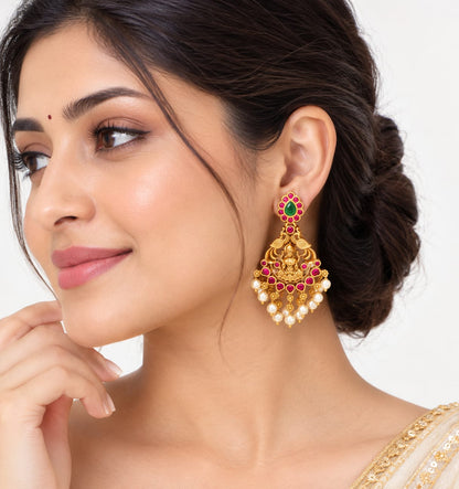 Traditional Lakshmi Temple Jhumka Earrings with Ruby, Emerald & Pearl Drops