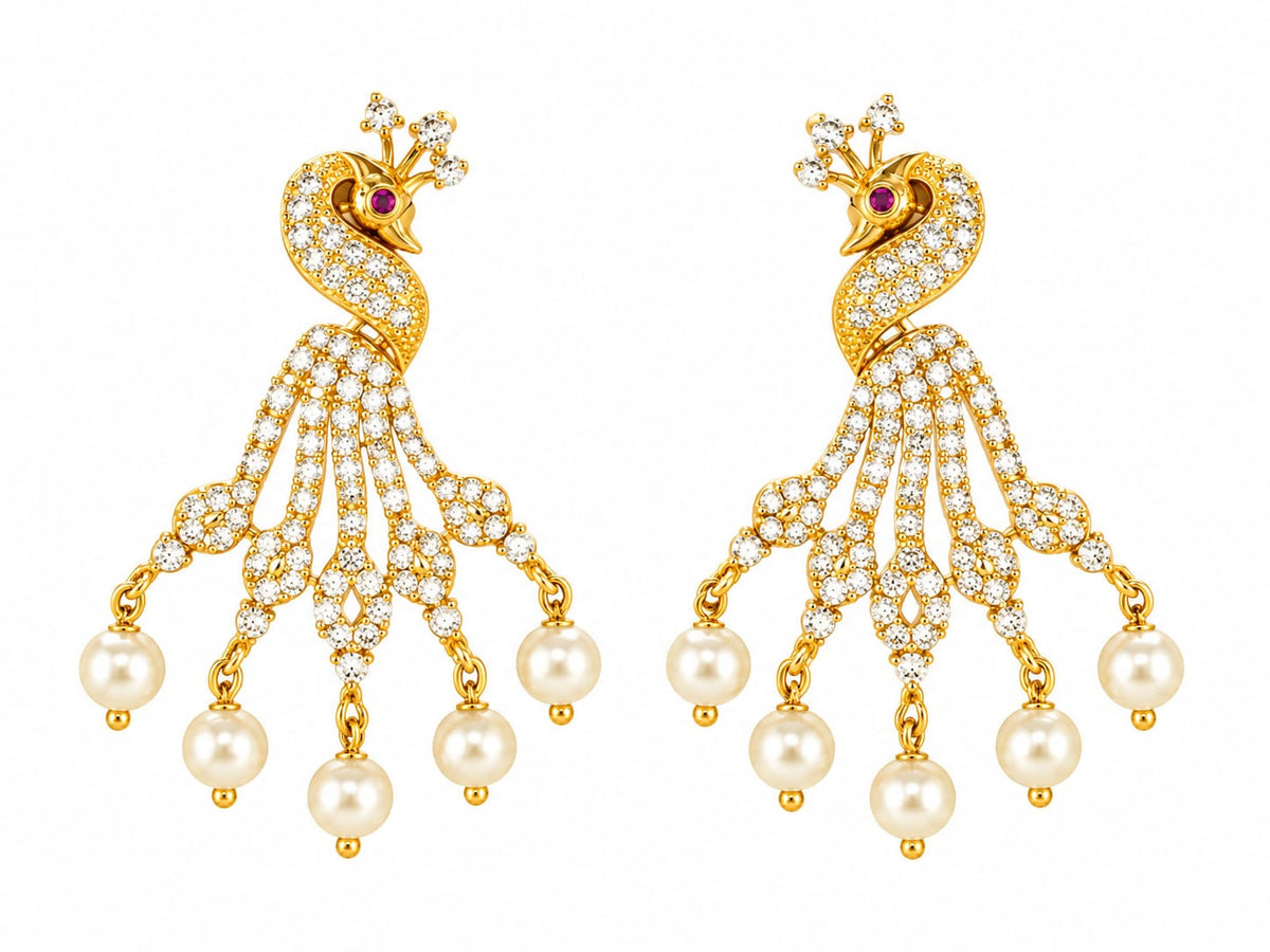 Majestic Peacock Cubic Zirconia Drop Earrings with Pearl Hanging Drops