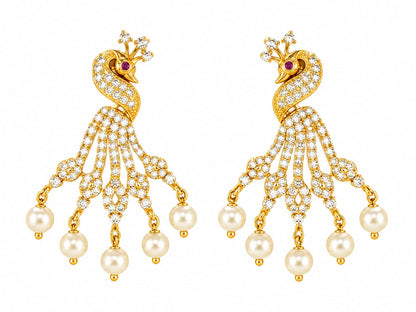 Majestic Peacock Cubic Zirconia Drop Earrings with Pearl Hanging Drops