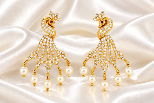 Majestic Peacock Cubic Zirconia Drop Earrings with Pearl Hanging Drops