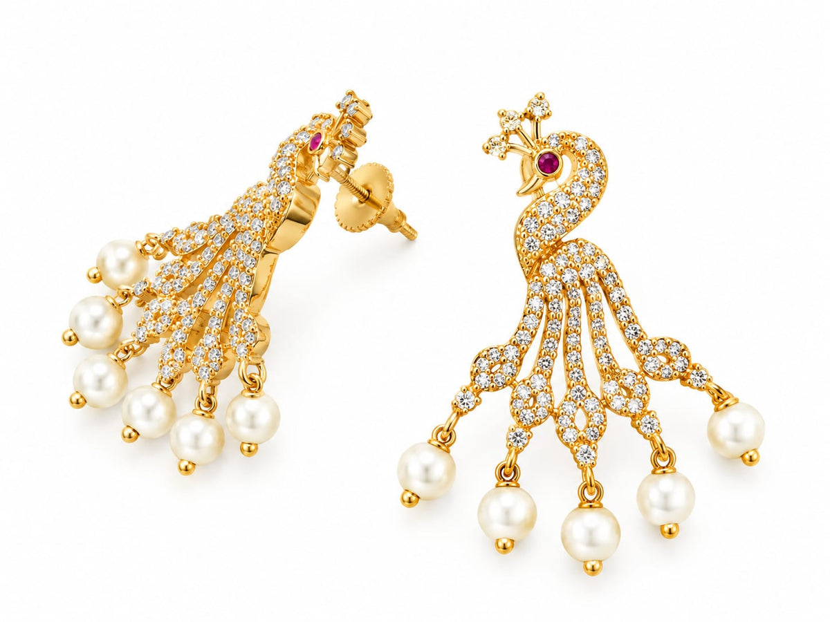 Majestic Peacock Cubic Zirconia Drop Earrings with Pearl Hanging Drops