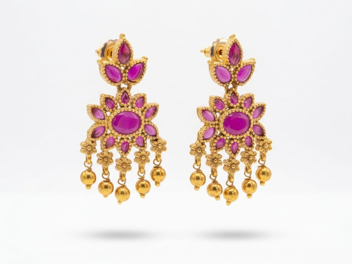 Antique Gold Plated Pink Stone Floral Chandelier Earrings