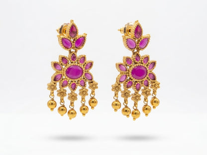 Antique Gold Plated Pink Stone Floral Chandelier Earrings