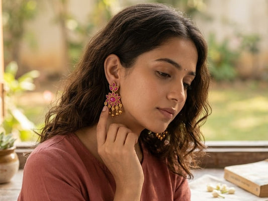 Antique Gold Plated Pink Stone Floral Chandelier Earrings