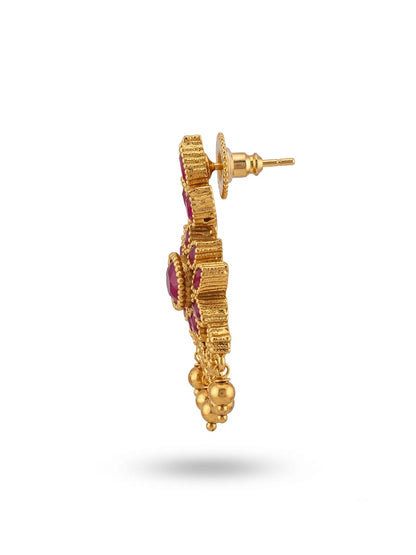 Antique Gold Plated Pink Stone Floral Chandelier Earrings