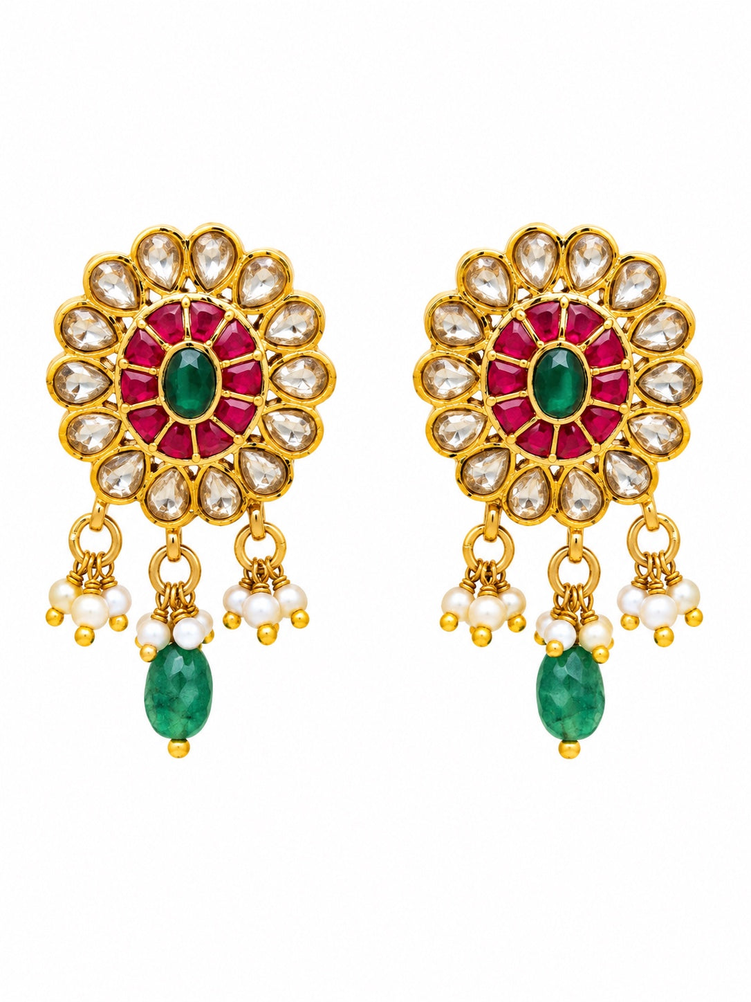 Royal Floral Unki Kundan & Gemstone Drop Earrings with Pearl Accents