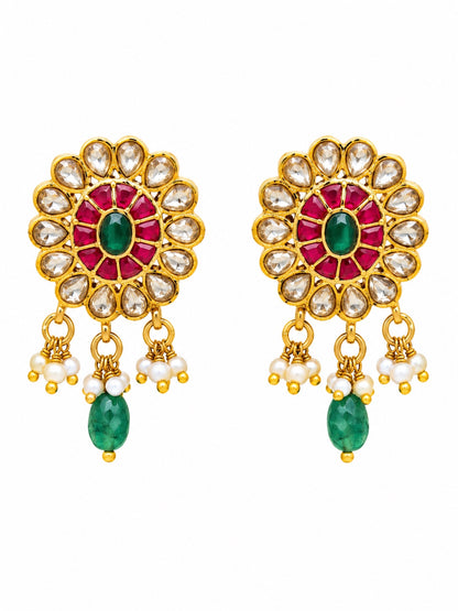 Royal Floral Unki Kundan & Gemstone Drop Earrings with Pearl Accents