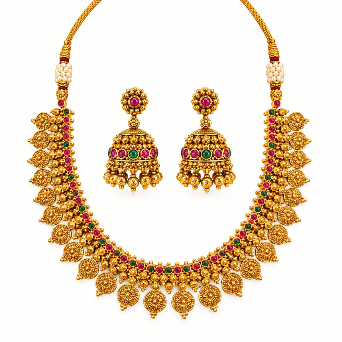 Traditional Gold-Plated Kemp Stone Necklace Set with Matching Jhumka Earrings