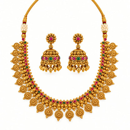 Traditional Gold-Plated Kemp Stone Necklace Set with Matching Jhumka Earrings