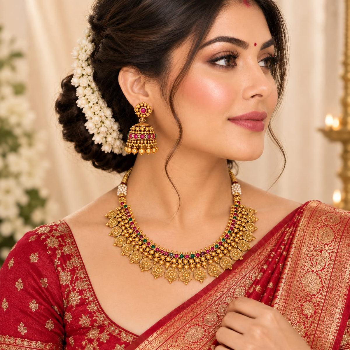 Traditional Gold-Plated Kemp Stone Necklace Set with Matching Jhumka Earrings