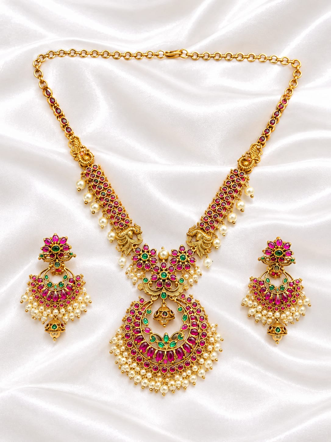 Antique Gold Kemp Necklace Set | Ruby Pink & Emerald Chandbali Necklace  | Pearl Cluster Indian Bridal Jewelry