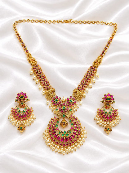 Antique Gold Kemp Necklace Set | Ruby Pink & Emerald Chandbali Necklace  | Pearl Cluster Indian Bridal Jewelry