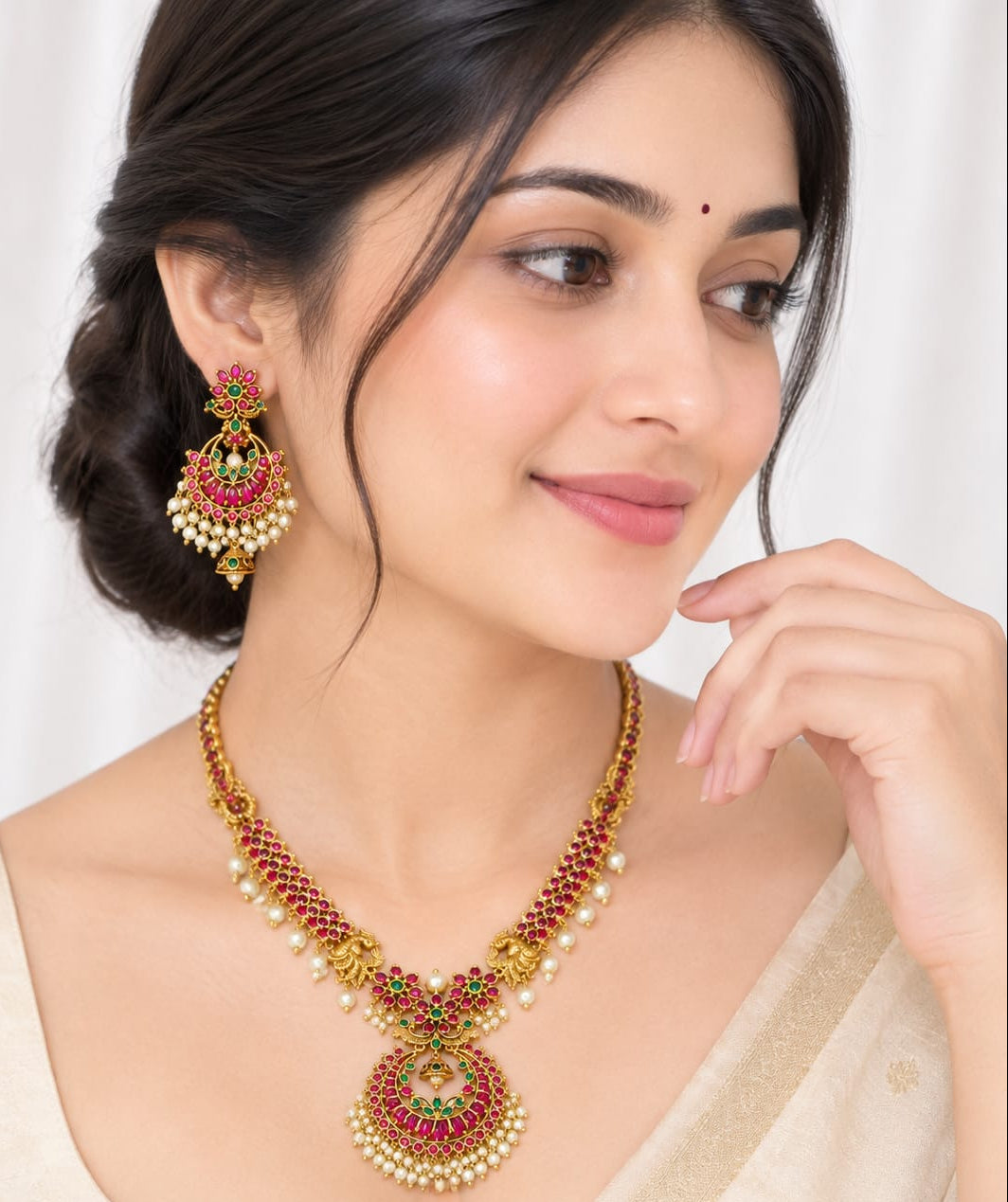 Antique Gold Kemp Necklace Set | Ruby Pink & Emerald Chandbali Necklace  | Pearl Cluster Indian Bridal Jewelry