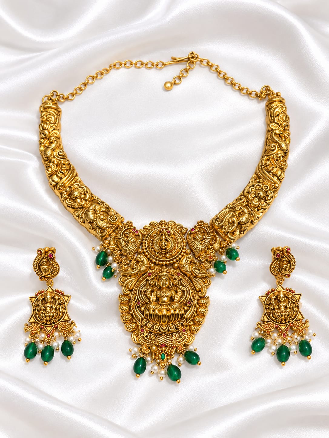 Matte Gold Lakshmi  Necklace & Earrings Set |Traditional Ethnic Choker Set
