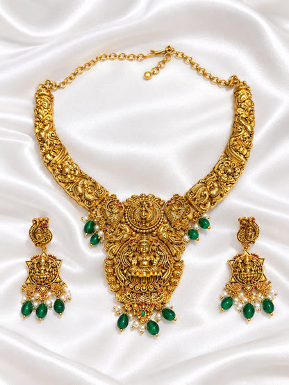 Matte Gold Lakshmi  Necklace & Earrings Set |Traditional Ethnic Choker Set