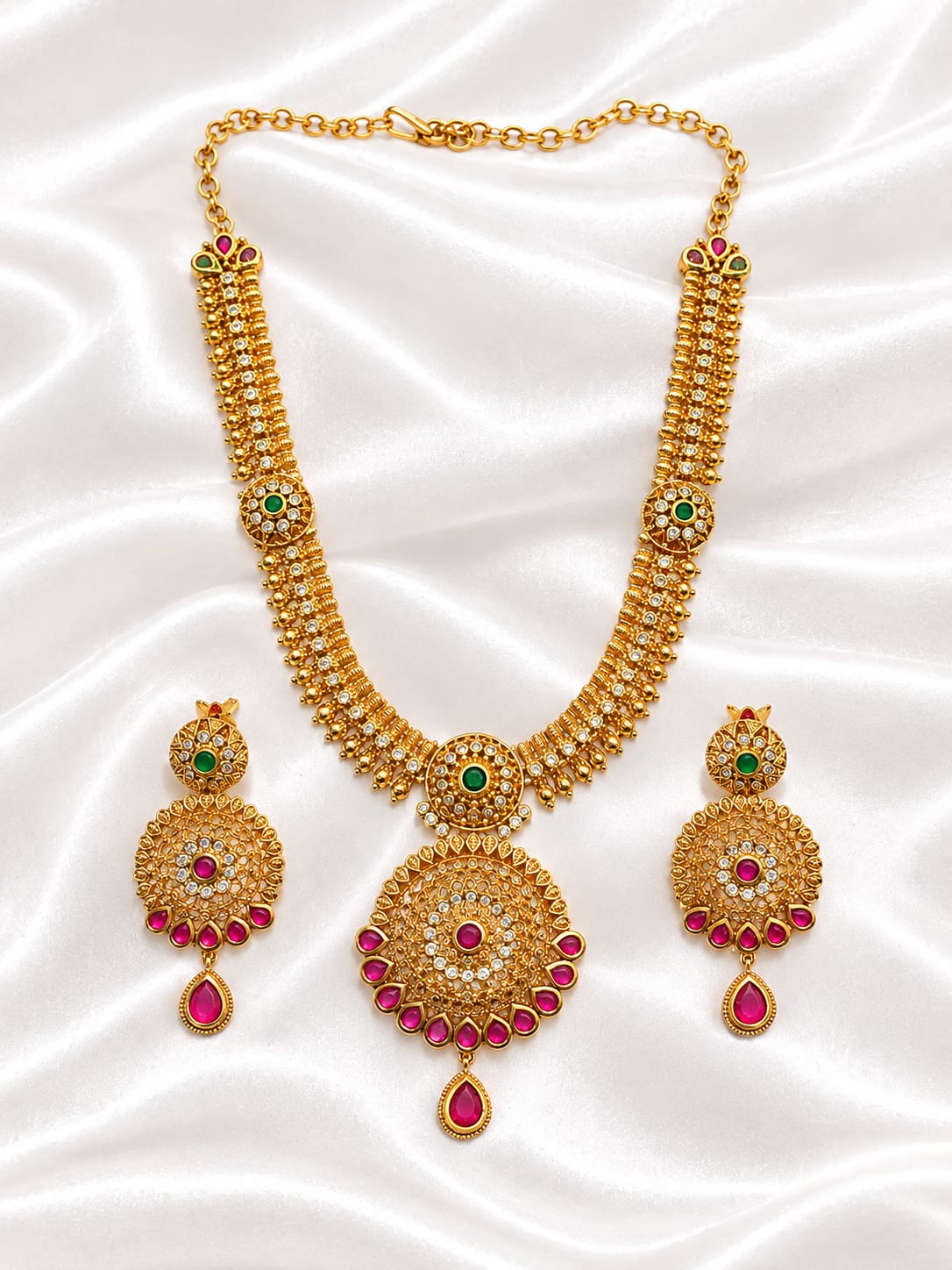 Antique Gold Circular Mandala Necklace Set | Ruby Pink & Green CZ Stone Jewelry | Indian Bridal Wedding Necklace | Traditional South Indian Set